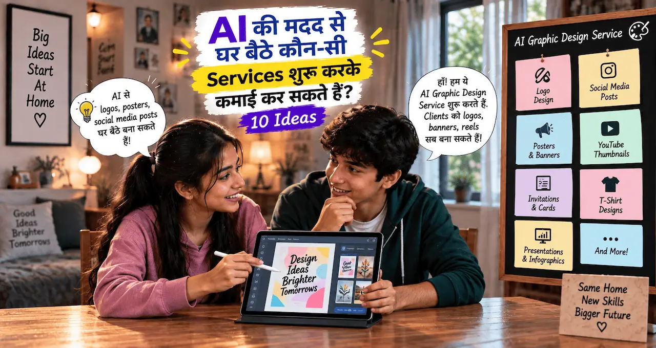 घर से laptop पर AI की मदद से digital services plan करता freelancer, आसपास social media और client work icons