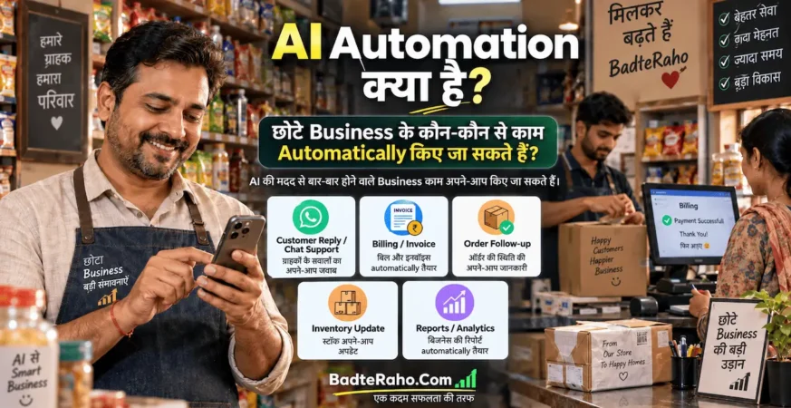 छोटे business के काम AI automation से automatically करने को दिखाती featured image.