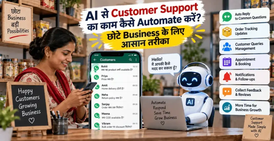 छोटे business में customer support को AI से automate करने को दिखाती featured image.
