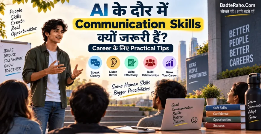 AI के दौर में career के लिए communication skills की importance को दिखाती featured image.