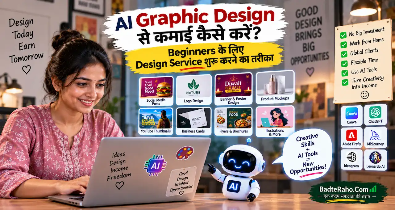 AI graphic design से freelancing service शुरू करने को दिखाती featured image.