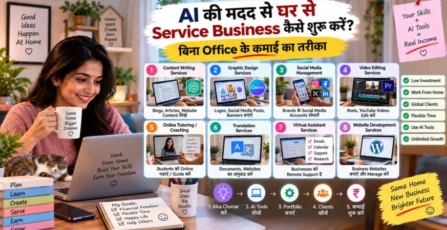 AI की मदद से घर से service business शुरू करने को दिखाती featured image.