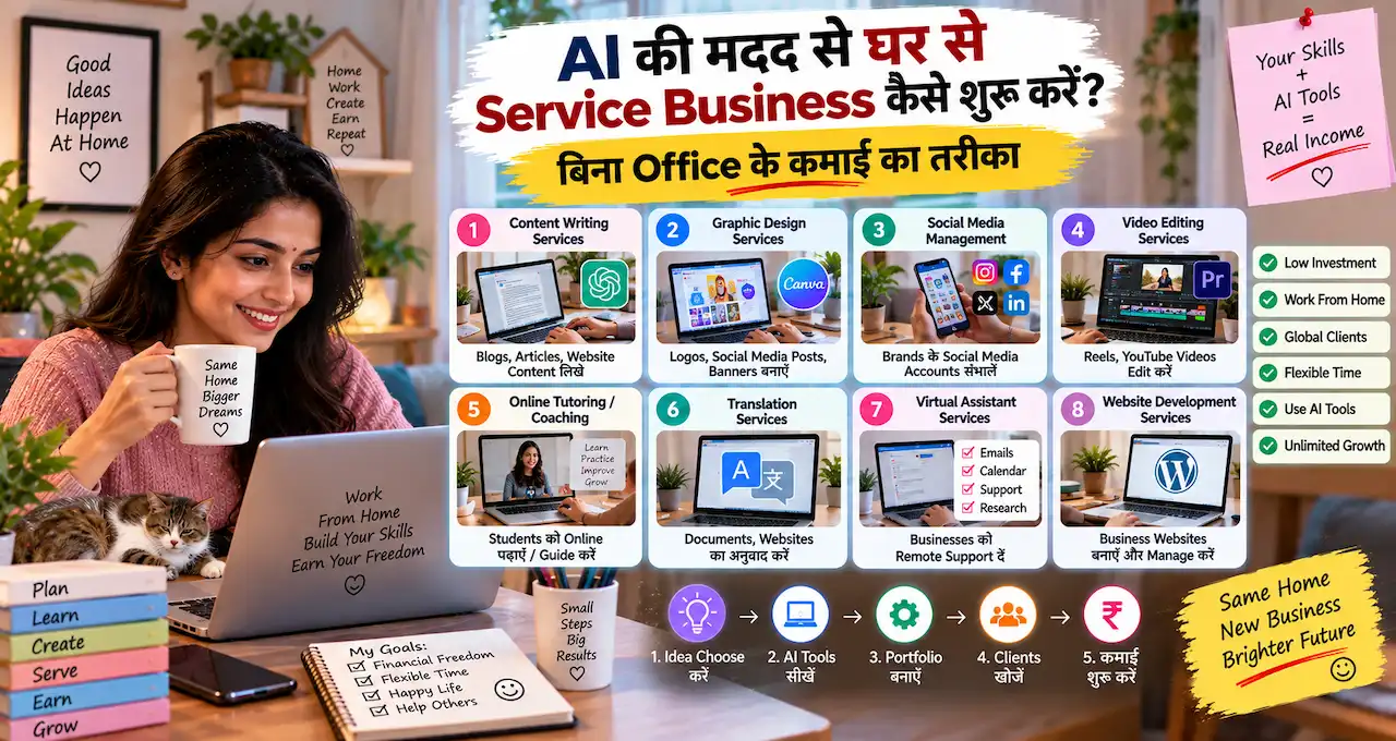 AI की मदद से घर से service business शुरू करने को दिखाती featured image.