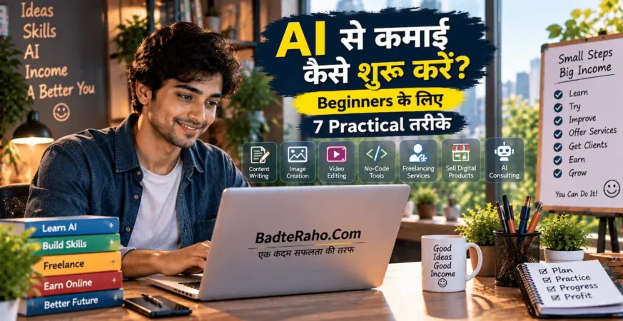 Beginners के लिए AI की मदद से कमाई शुरू करने के practical ideas को दिखाती featured image.