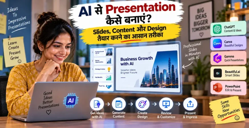 AI से presentation slides, content और design तैयार करने को दिखाती featured image.