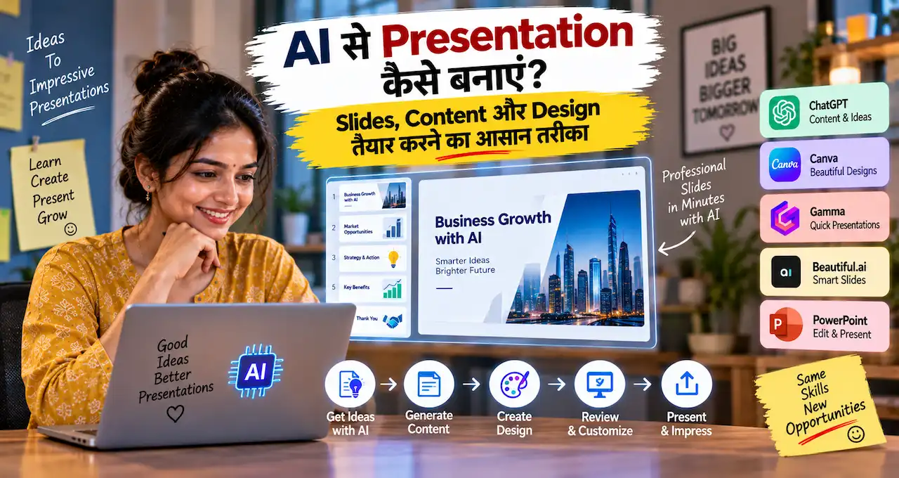 AI से presentation slides, content और design तैयार करने को दिखाती featured image.