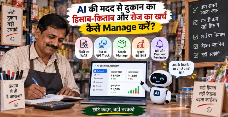 दुकान का हिसाब-किताब और रोज़ के खर्च को AI से manage करने को दिखाती featured image.