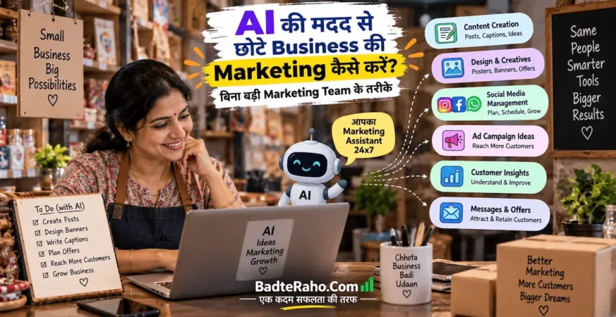 छोटे business की marketing में AI के practical use को दिखाती featured image.