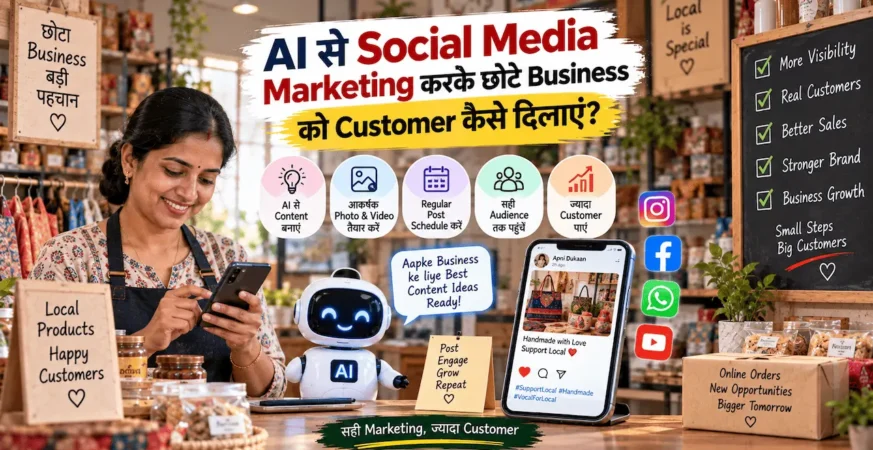 छोटे business के लिए AI से social media marketing और customer growth को दिखाती featured image.