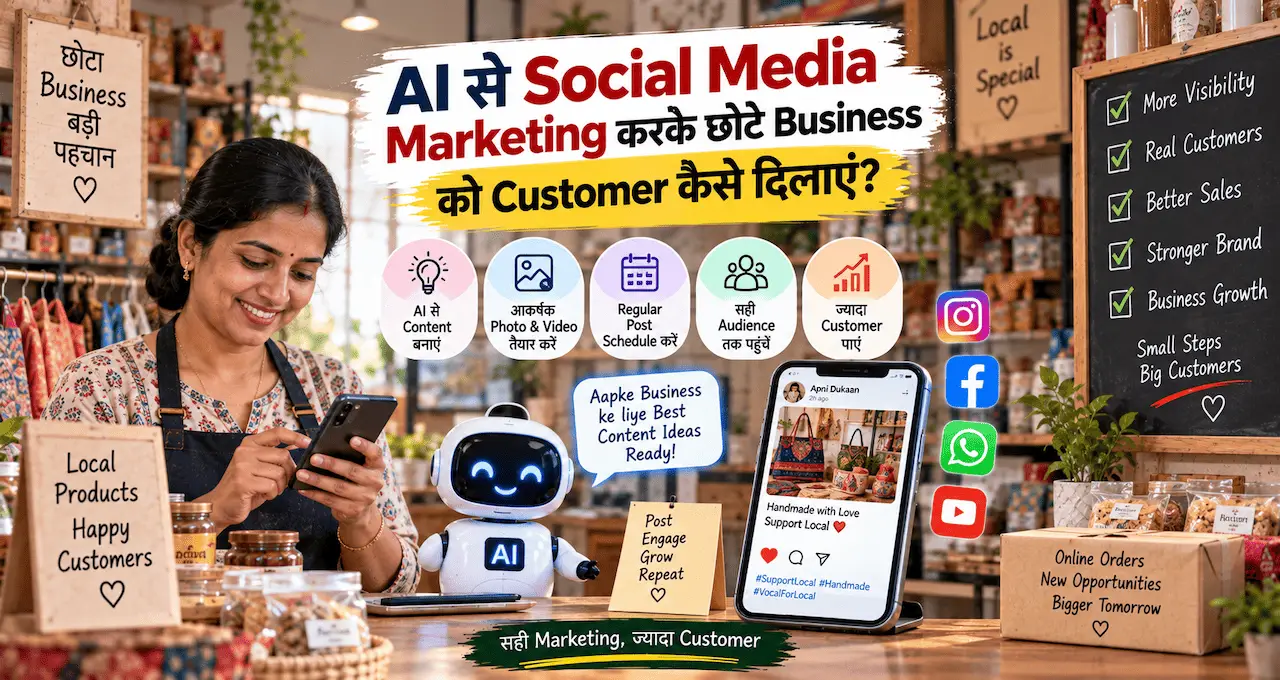 छोटे business के लिए AI से social media marketing और customer growth को दिखाती featured image.