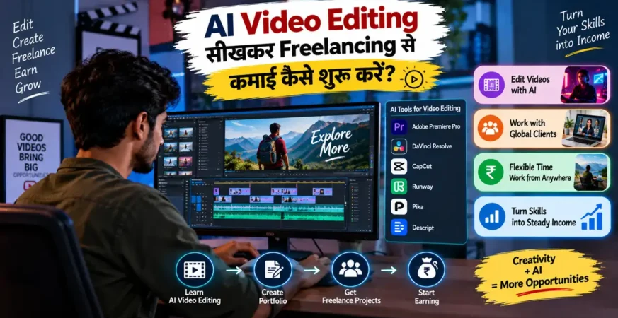 AI video editing सीखकर freelancing से कमाई शुरू करने को दिखाती featured image.