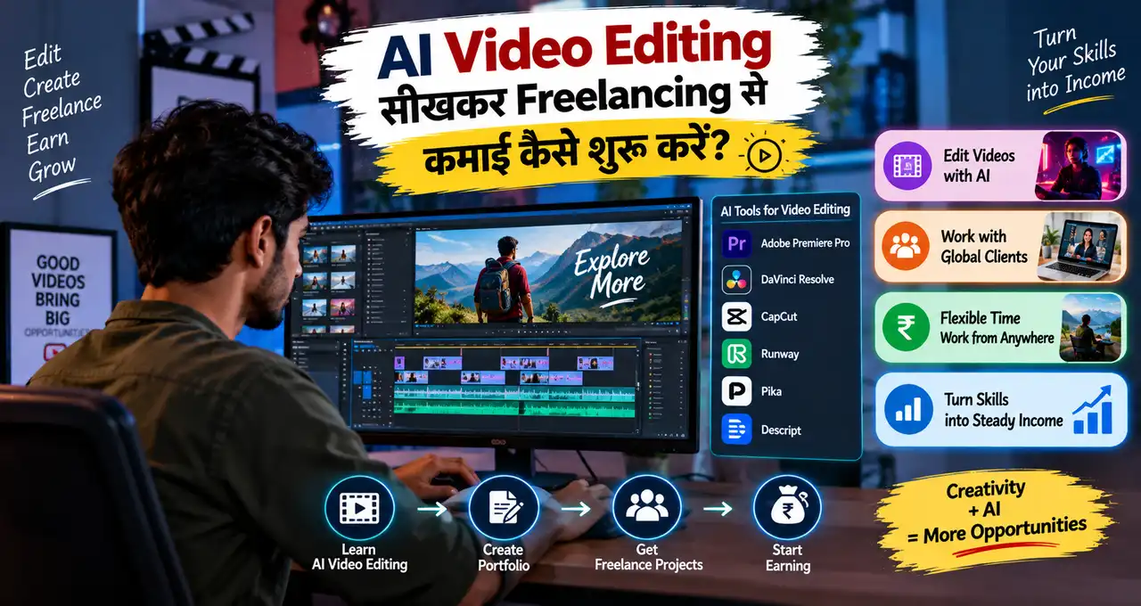 AI video editing सीखकर freelancing से कमाई शुरू करने को दिखाती featured image.