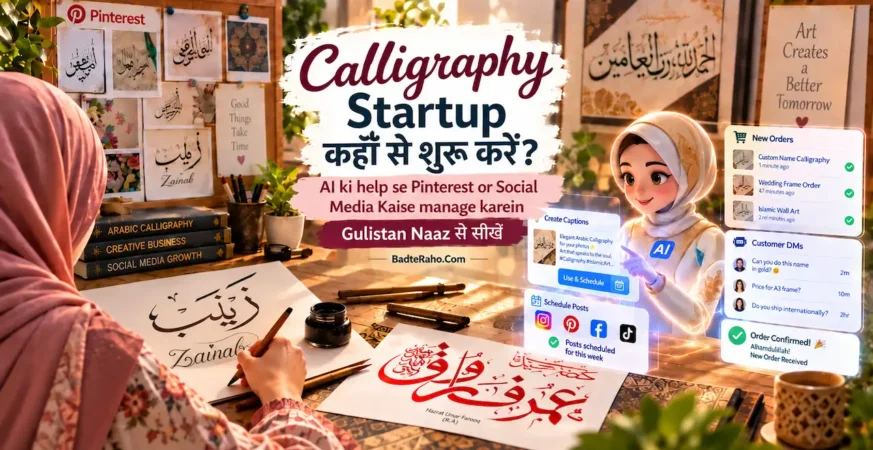 Calligraphy startup, AI, Instagram और Pinterest growth को दिखाती featured image.
