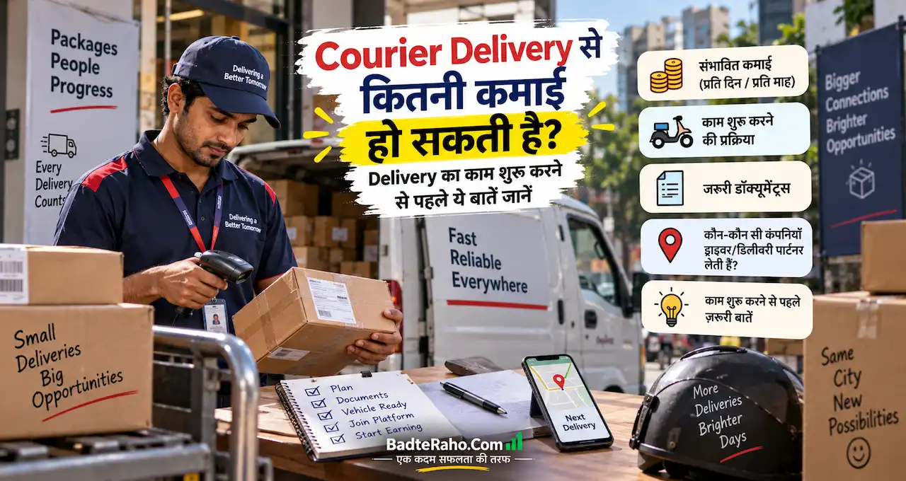 Courier delivery work और उससे होने वाली कमाई को दिखाती featured image.