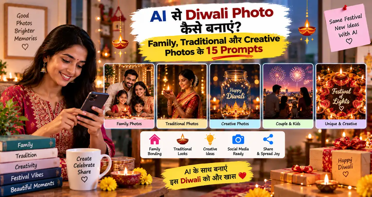 Diwali पर family, couple और traditional festive portraits बनाने के लिए पच्चीस AI photo prompts