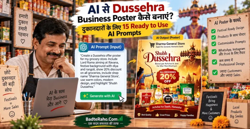 दुकानदारों के लिए Dussehra business poster बनाने के AI prompts को दिखाती featured image.