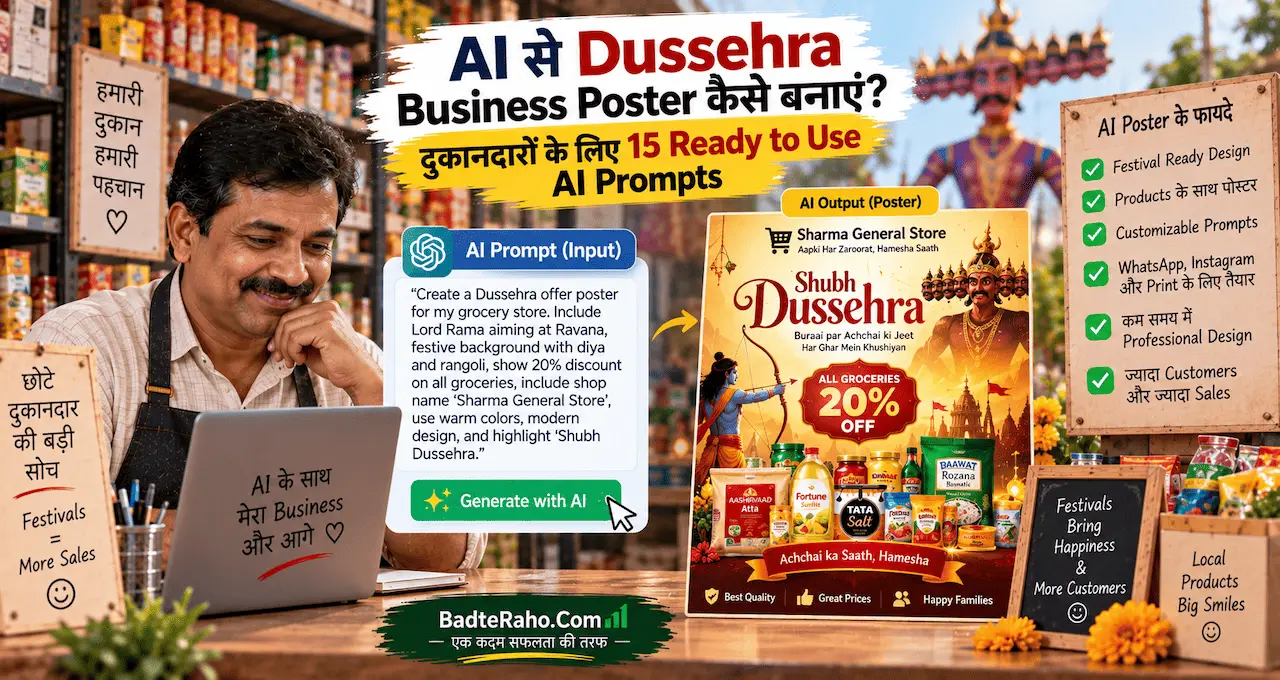 दुकानदारों के लिए Dussehra business poster बनाने के AI prompts को दिखाती featured image.
