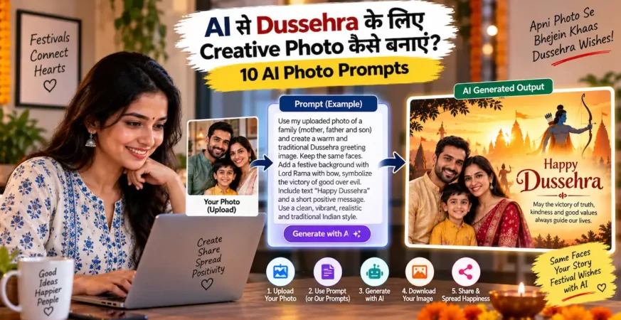 Dussehra के लिए creative photos बनाने के AI prompts को दिखाती featured image.