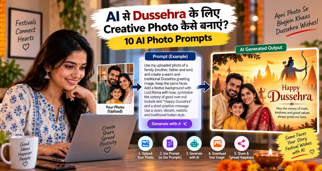 Dussehra के लिए creative photos बनाने के AI prompts को दिखाती featured image.
