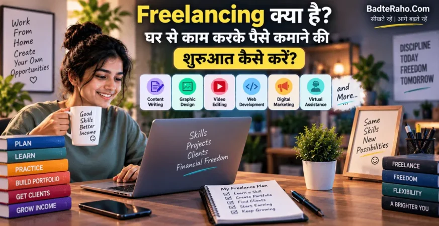 घर से freelancing शुरू करके online काम करने को दिखाती featured image.