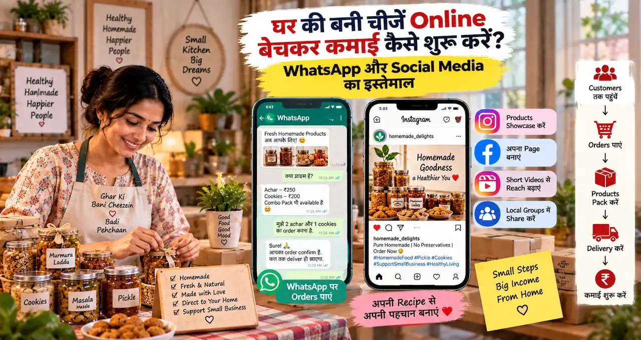 घर की बनी चीजें WhatsApp और social media से online बेचने को दिखाती featured image.