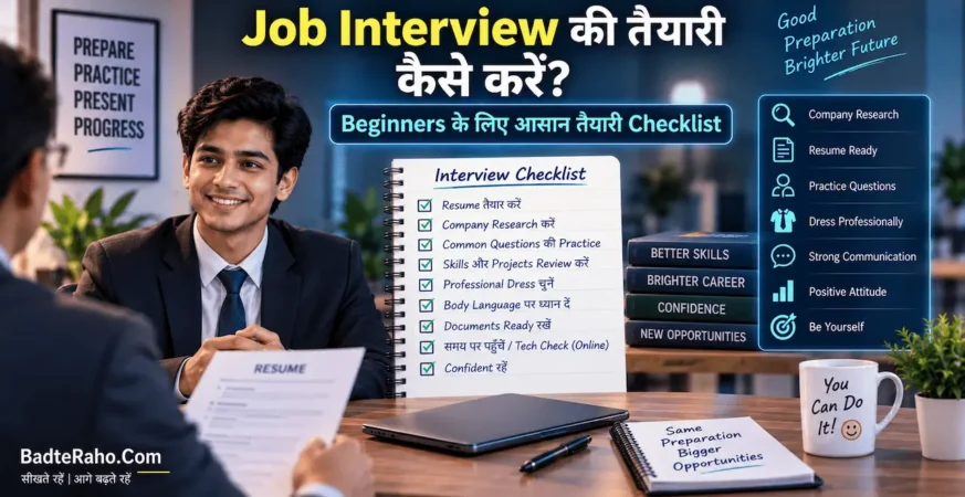 Job interview की तैयारी और practical checklist को दिखाती featured image.