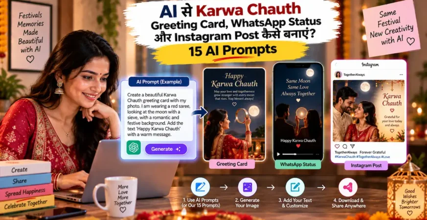 Karwa Chauth greeting card, WhatsApp status और Instagram post के AI prompts को दिखाती featured image.