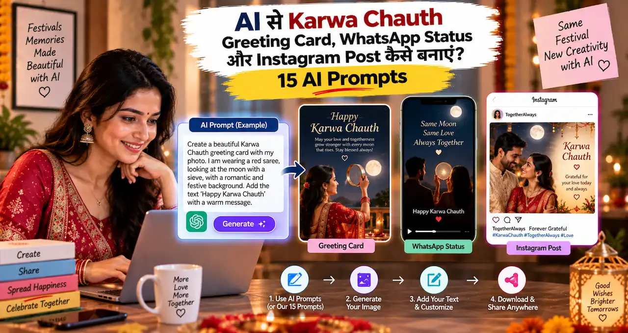 Karwa Chauth greeting card, WhatsApp status और Instagram post के AI prompts को दिखाती featured image.