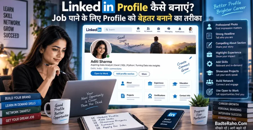 LinkedIn profile, job search और AI prompts को दिखाती featured image.