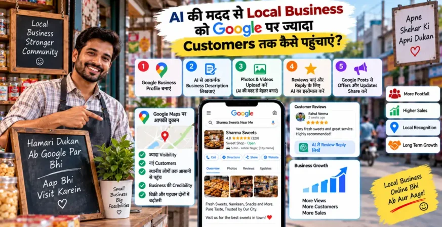 Local business को Google पर ज्यादा customers तक पहुँचाने के AI तरीकों को दिखाती featured image.