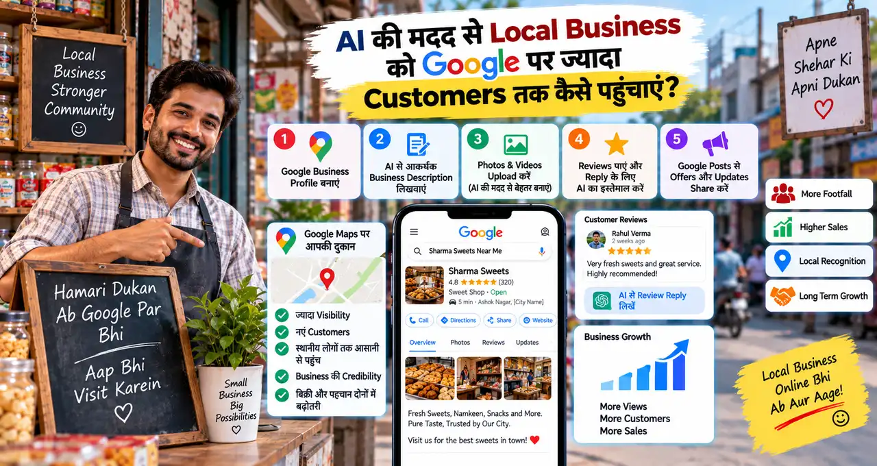 Local business को Google पर ज्यादा customers तक पहुँचाने के AI तरीकों को दिखाती featured image.