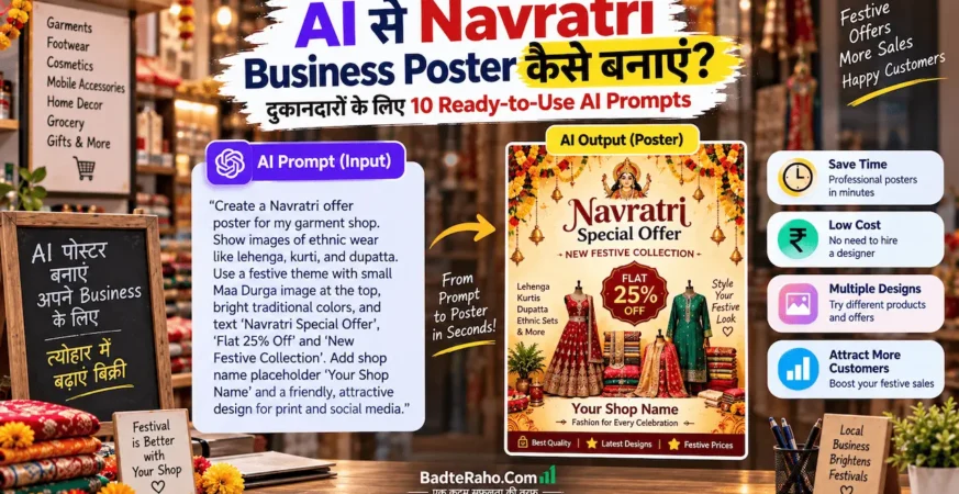 दुकानदारों के लिए Navratri business poster बनाने के AI prompts को दिखाती featured image.
