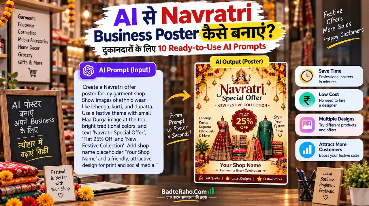 दुकानदारों के लिए Navratri business poster बनाने के AI prompts को दिखाती featured image.