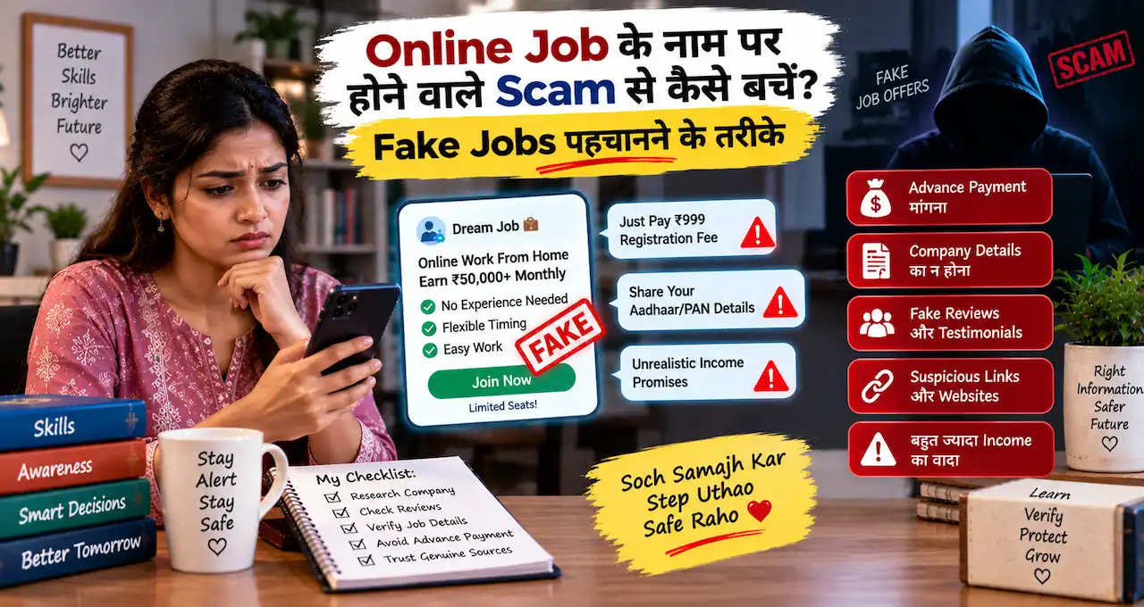 Online job offer, fake recruiter, registration fee और suspicious earning promises पहचानने के तरीके