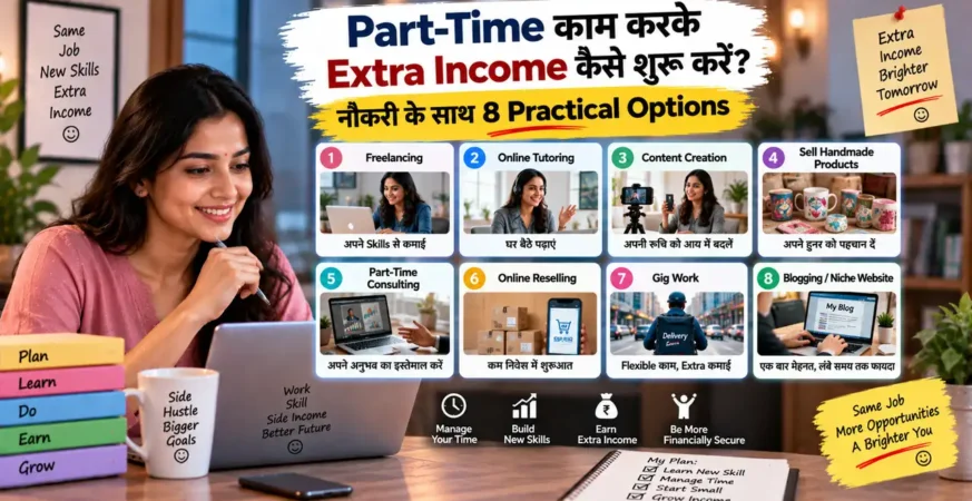 नौकरी के साथ part-time काम और extra income options को दिखाती featured image.