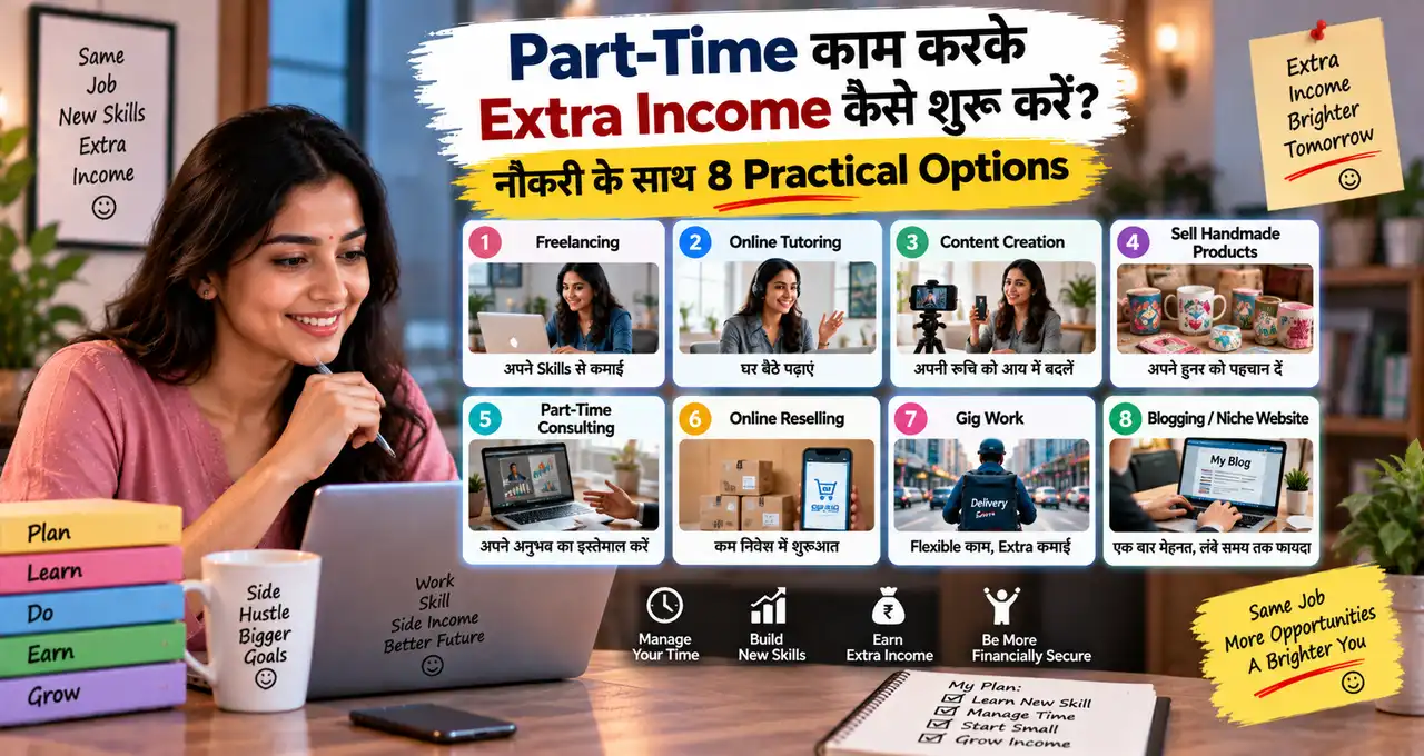 नौकरी के साथ part-time काम और extra income options को दिखाती featured image.