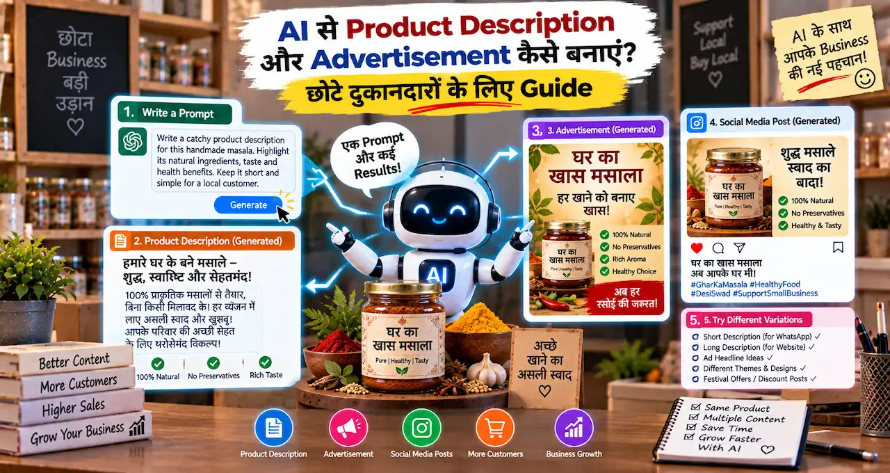 Products की clear description, ad headlines और marketing copy बनाने के reusable AI prompt ideas