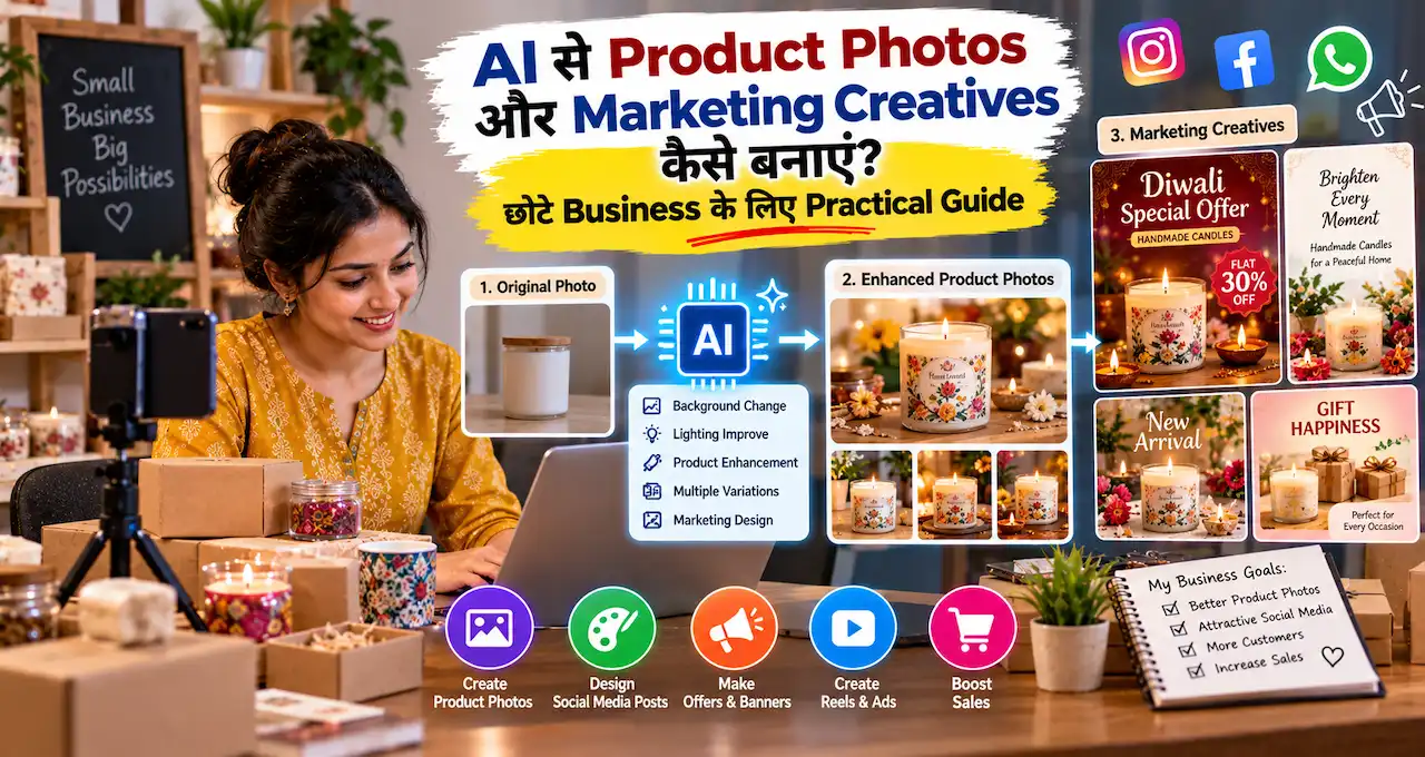 Product photo, background और social media marketing creatives बेहतर बनाने के AI prompt ideas