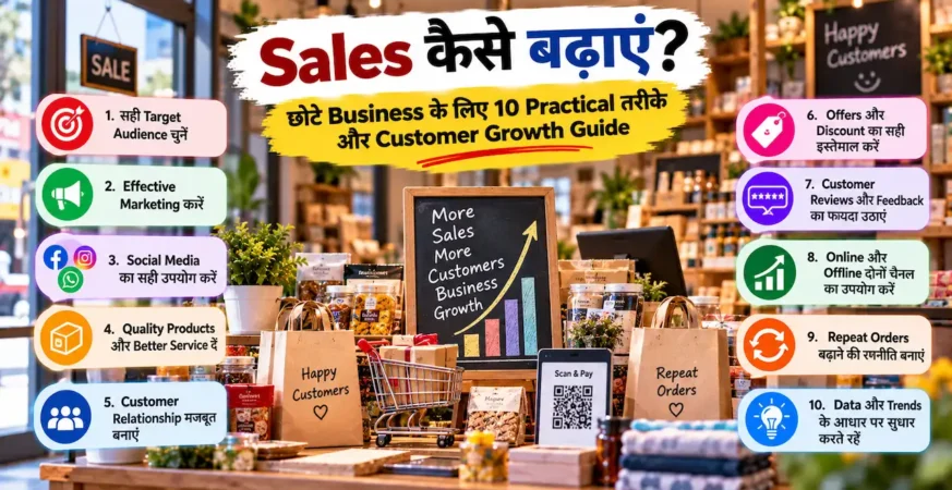 Small business की sales और customer growth बढ़ाने के concept को दिखाती featured image.