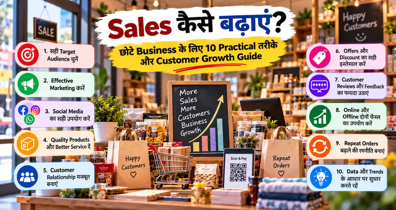 Small business की sales और customer growth बढ़ाने के concept को दिखाती featured image.