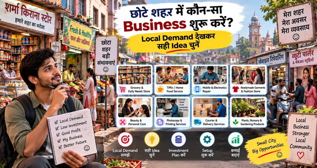 छोटे शहर में local demand देखकर business idea चुनने को दिखाती featured image.