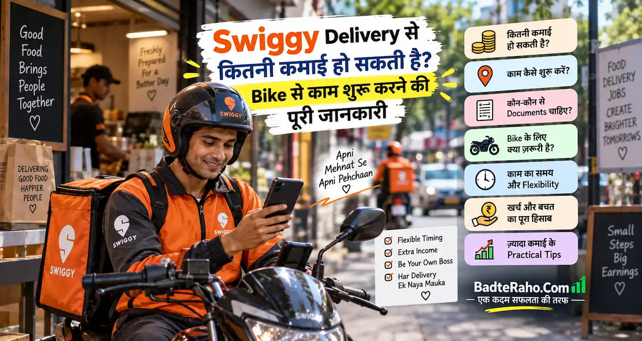 Swiggy delivery partner की कमाई और bike से काम शुरू करने को दिखाती featured image.