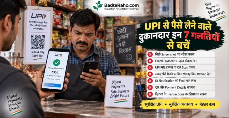 दुकानदारों के लिए UPI payment mistakes और fraud safety को दिखाती featured image.