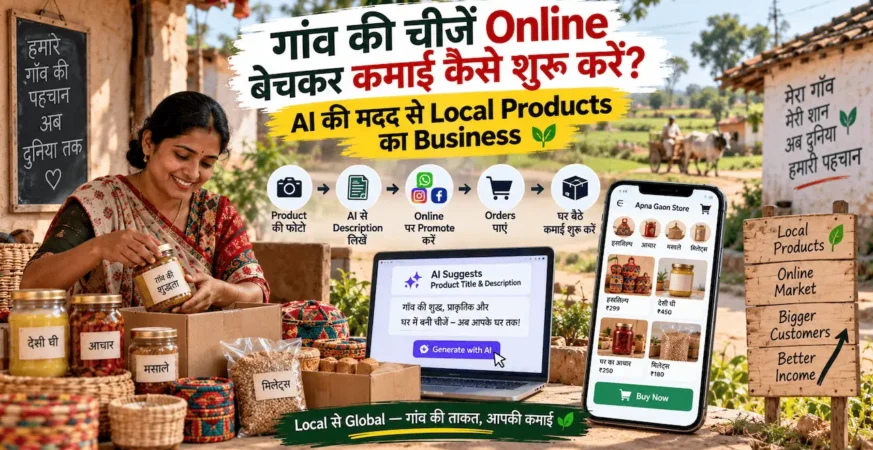 गाँव के local products को online बेचकर business शुरू करने को दिखाती featured image.