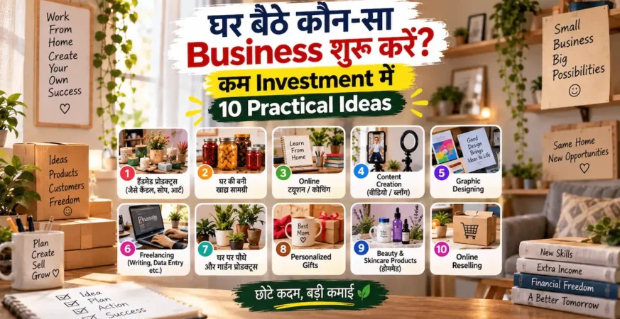 घर बैठे low investment business शुरू करने के practical ideas को दिखाती featured image.
