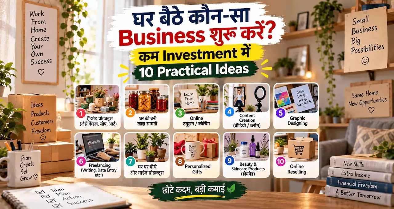 घर बैठे low investment business शुरू करने के practical ideas को दिखाती featured image.