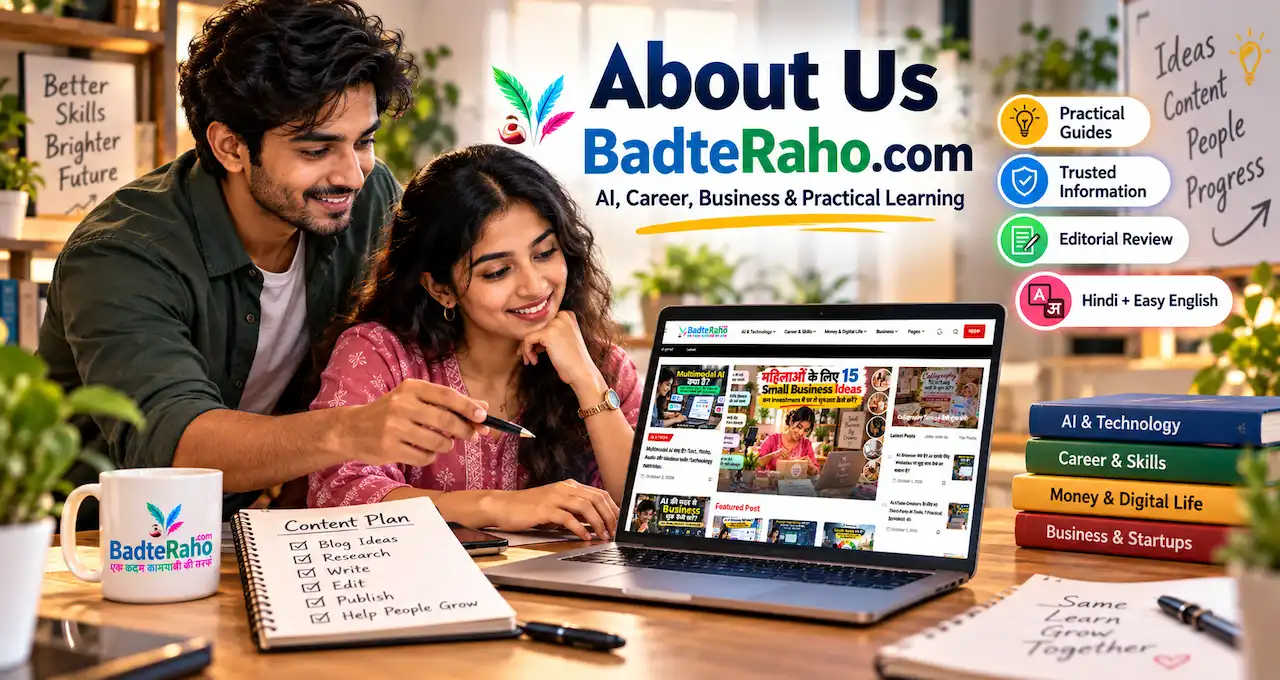 BadteRaho.Com के AI, career, business, skills और practical learning content को दर्शाता editorial visual