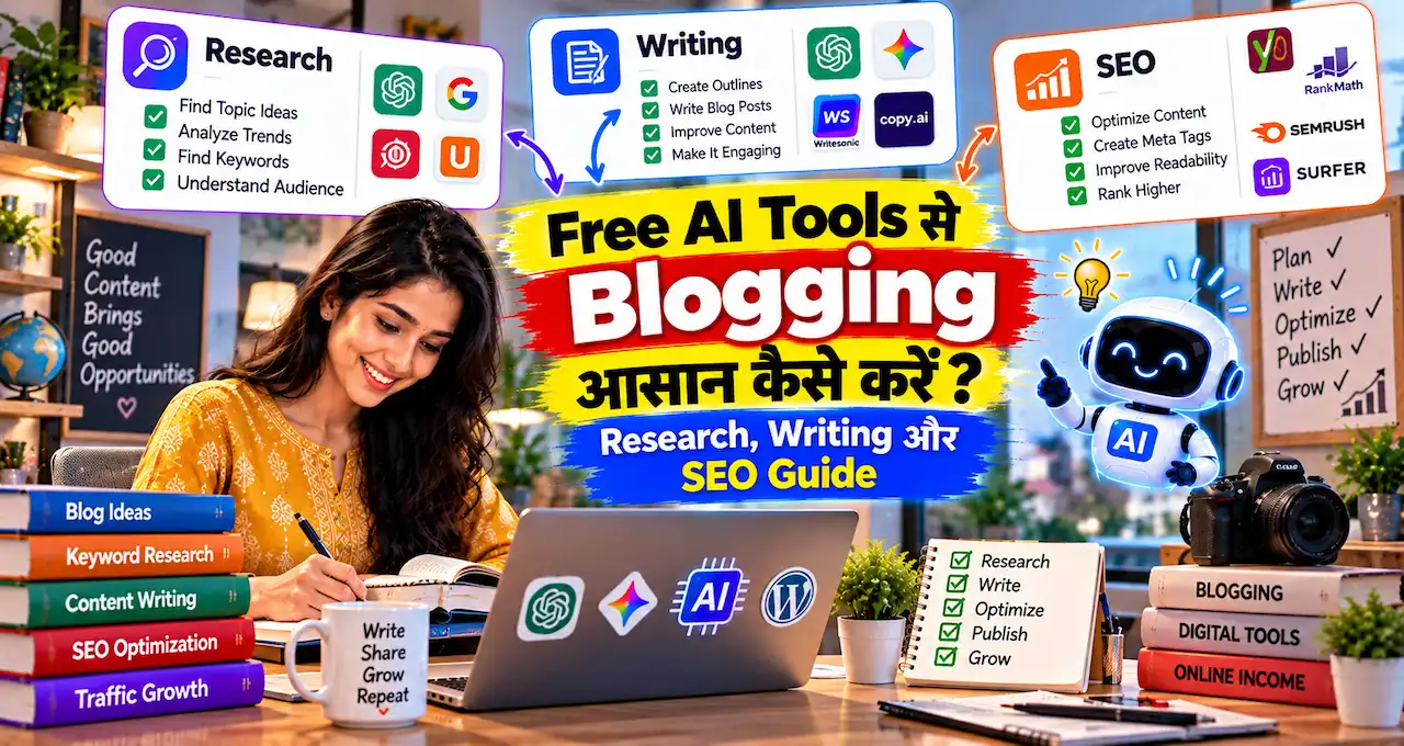 Blogger free AI tools से research, writing, SEO, editing और blog visuals manage करते हुए