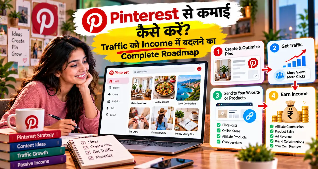 Pinterest Analytics के साथ creator, vertical Pins, website traffic, affiliate links और digital products की earning journey