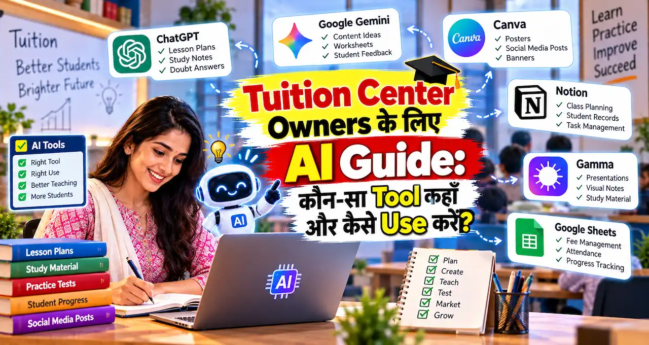 Tuition center owner AI tools से notes, tests, student progress और marketing manage करते हुए